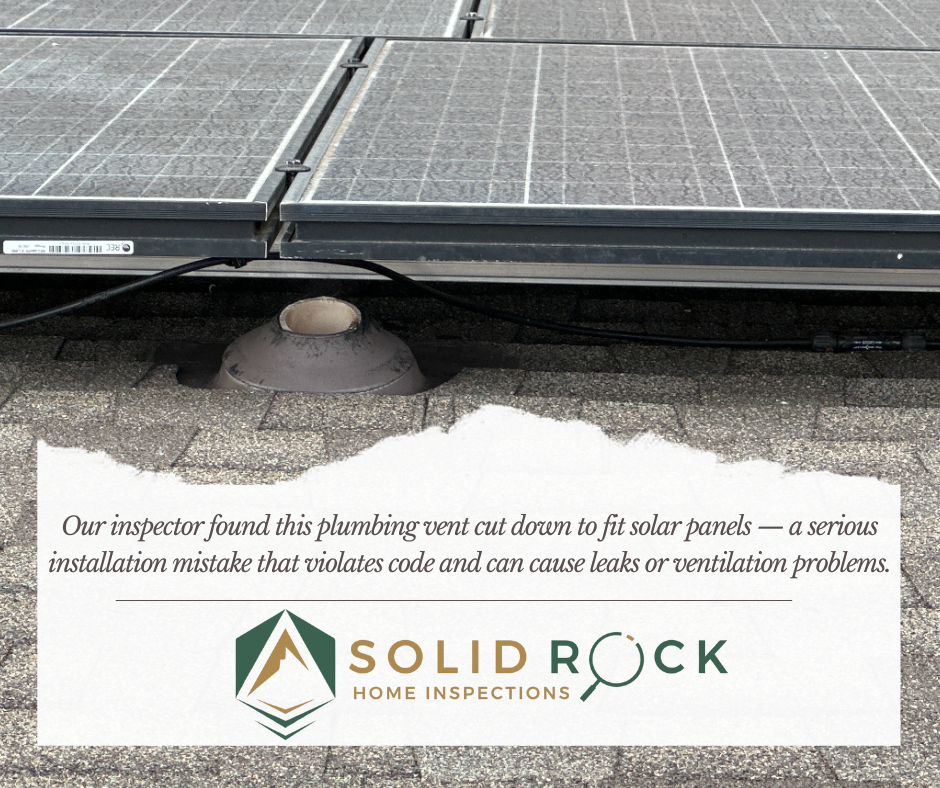 Improper solar installation over plumbing vent – vent pipe cut to fit panels